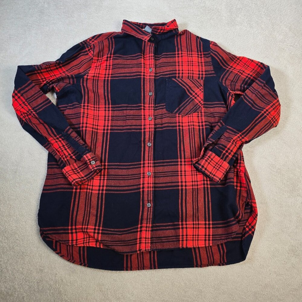 Old Navy Flannel Shirt Women Extra Large Tall Red Blue Plaid Button Up Tartan - Picture 2 of 11